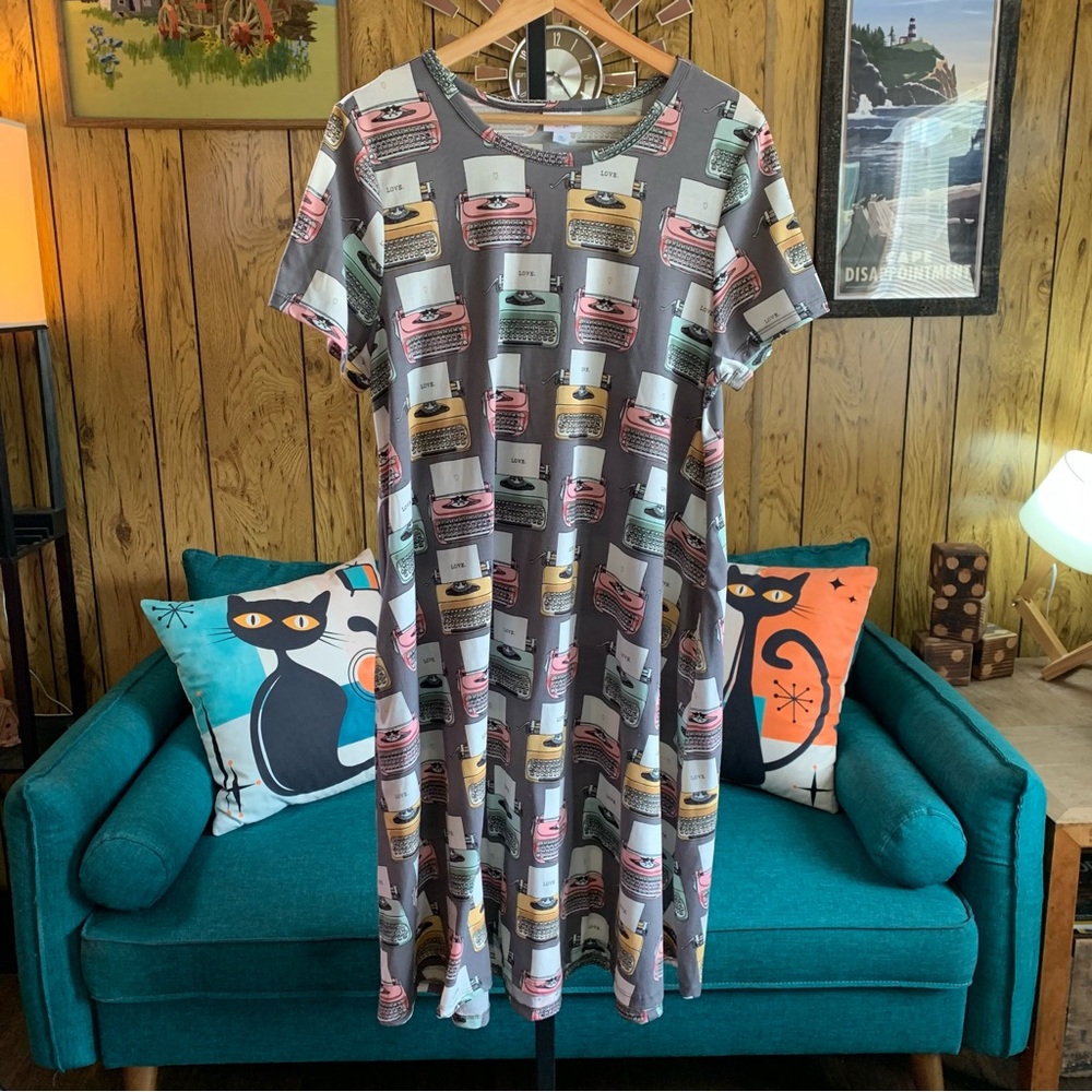 LuLaRoe Gray Maxi Dress with Pink and Yellow Typewriter Print